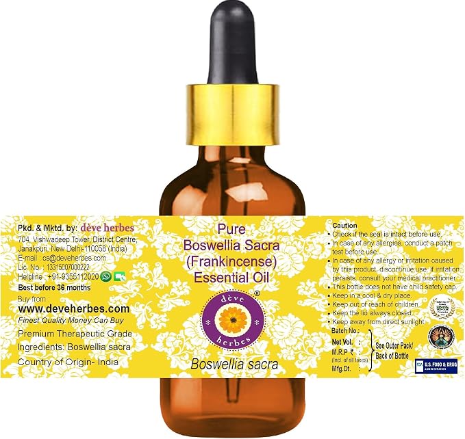 Deve Herbes Pure Boswellia Sacra (Frankincense) Essential Oil (Boswellia Sacra) with Glass Dropper Steam Distilled 5ml (0.16 oz)