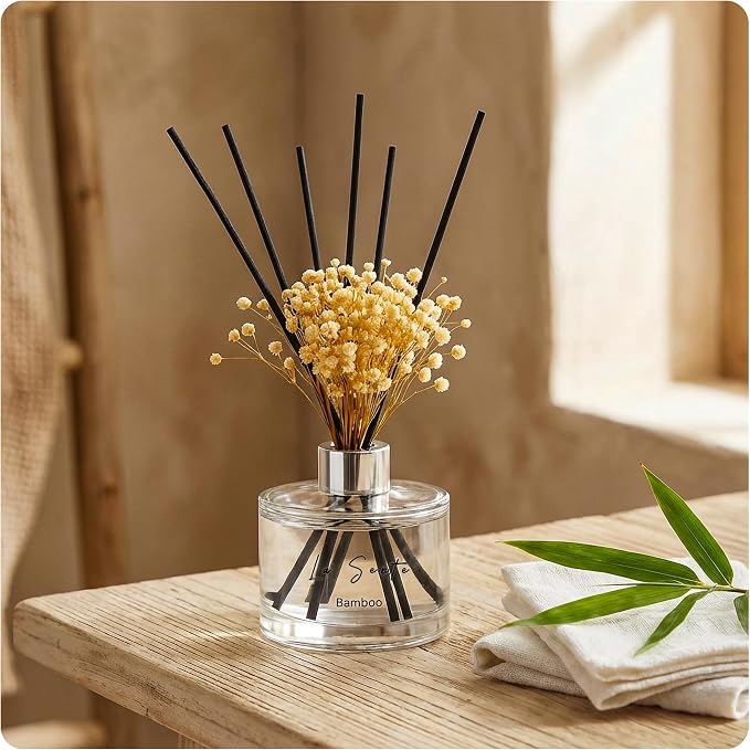 Reed Diffuser Set (6.7fl oz), Natural Bamboo Essential Oil Fragrance with Glass Bottle, Black Rattan Sticks & Preserved Flowers, Up to 120 Days Lasting Fragrance for Home & Office