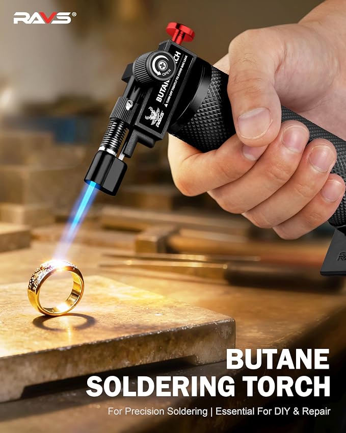 RAVS Butane Torch Lighter, DUAL Flame Mode Kitchen Torch with Adjustable Flame, Refillable Creme Brulee Torch for Baking, Cooking, Metal Body Soldering Torch, Black/Red, Butane Gas Not Included