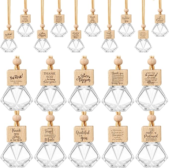 Funnymoom 10 Pcs Employee Appreciation Gift Bulk Car Diffuser Air Freshener Ornament Hanging Empty Glass Essential Oil Bottle Thank You Gift for Teacher Nurse Social Worker Volunteer (Diamond)