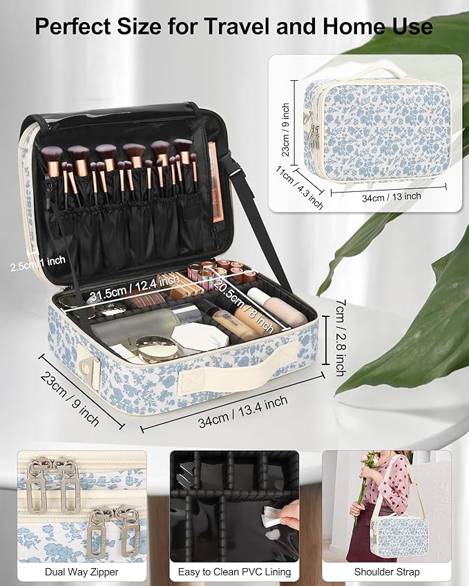 Relavel Makeup Bag Travel Train Case for Women and Girls, Cute Cosmetic Storage Organizer Box Portable Shoulder Bag with Adjustable Dividers and Makeup Brush Comparment, Floral Print