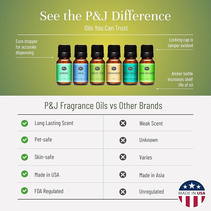 P&J Fragrance Oil Nature Set | Forest Pine, Ocean Breeze, Rain, Fresh Cut Grass, Sandalwood, and Bamboo Candle Scents for Candle Making, Freshie Scents, Soap Making Supplies, Diffuser Oil