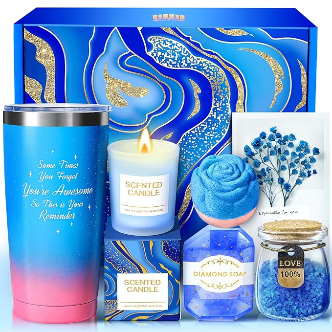 Gifts for Women, Luxury Birthday Gifts for Mom Sister Girlfriend Grandma Bestie Daughter Her, Teacher Appreciation Graduation Gift, Self Care Relaxing Spa Gift Basket Blue