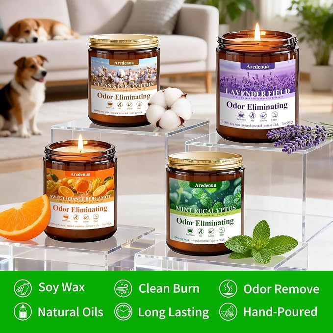 4 Pack Odor Eliminating Candles Set - Eliminates 95% of Pet, Smoke, Food & Other Smells - Air Freshing Scent of Orange/Mint/Lavender/Cotton - Up to 200 Hour Burn time - 28 oz Natural Soy Wax