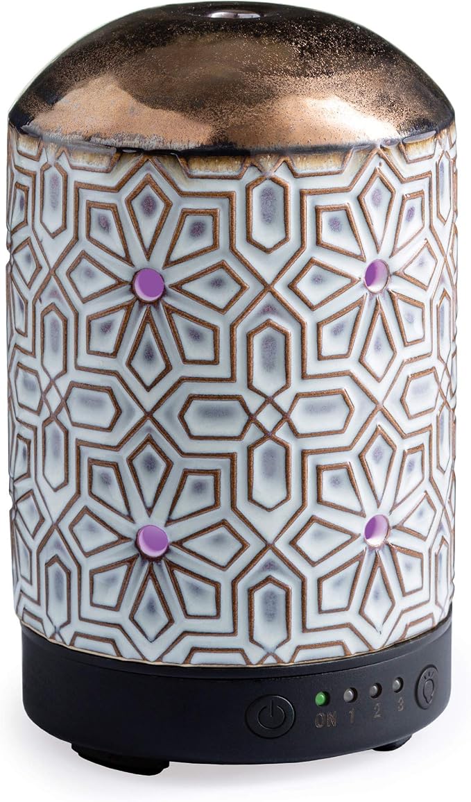 Airome Ceramic Essential Oil Diffuser with Timer|100 mL Humidifying Ultrasonic Aromatherapy Diffuser 8 Colorful LED Lights, Two Mist Modes, Timed Shut-Off, Geometric