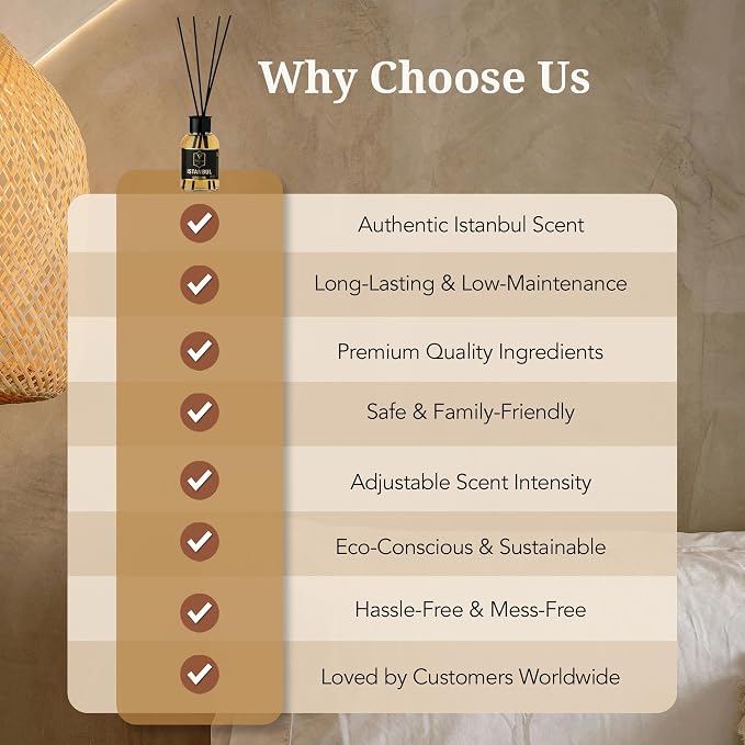 Luxury Reed Diffuser Set - 110ml Aromatherapy Diffuser with Natural Sticks, Aesthetic Room Decor, Long-Lasting Air Freshener for Home, Bathroom, and Office, Essential Oil Stick Diffuse (Istanbul Pack)