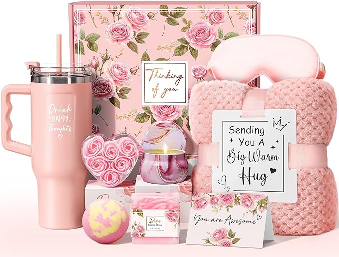 Birthday Gifts for Women Self Care Get Well Soon Gifts, Rose Relaxing Spa Gift Box Care Package Basket w/ Luxury Flannel Blanket 40 oz Tumbler, Mother's Day Gift for Mom Her Wife Girlfriend Sister