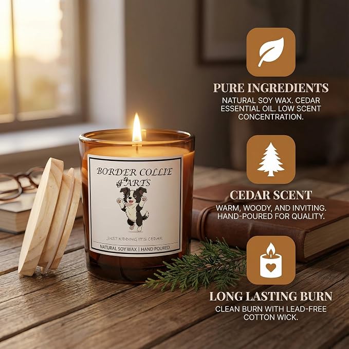Border Collie Gifts for Women | Birthday Gifts for Mom | Light When Dog Farts Candle | Cedar By Natural Soy Wax | Pet Safe Friendly Memorial Candles for Home Scented Household Essentials