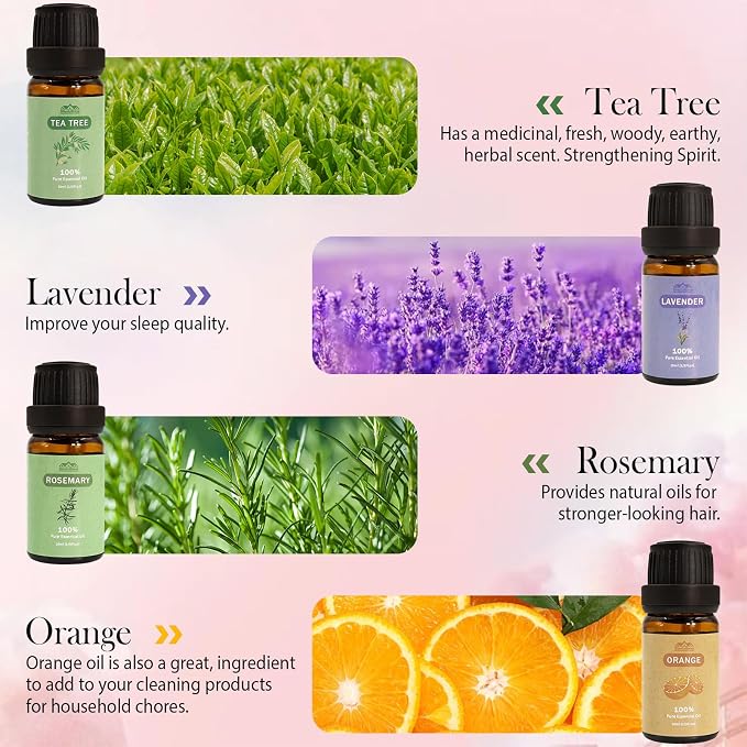 8 Pcs×10ml Pure Essential Oils for Diffuser for Home Care, Perfume, Candle and Soap Making - Peppermint, Lavender, Rose, Clove-Organic Essential Oils Set for Women and Mom Gift
