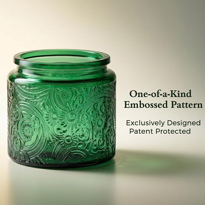 10 oz Green Sun Moon Stars Candle Jars with Metal Lids, 9 Pack | Patented Embossed Design, Includes Wick Centering Devices & Warning Labels, Multiple Color Options
