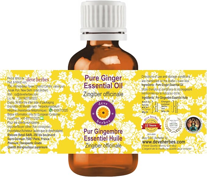 dève herbes Ginger Essential Oil (Zingiber officinale) Pure | Non-Sticky | Non-Greasy | Lightweight | Men & Women | All Skin Types | Steam Distilled 15ml (0.5 oz)