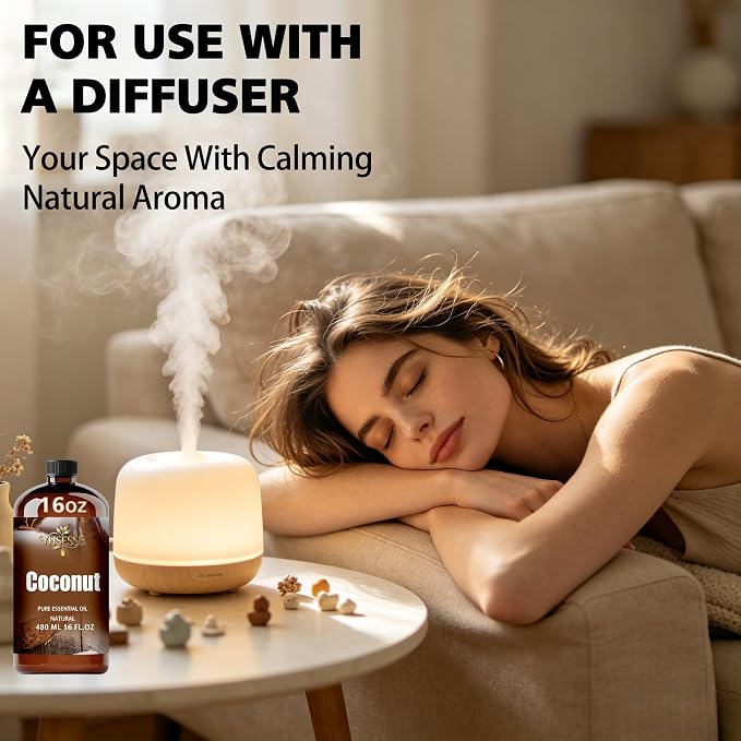 Coconut Essential Oil, Coconut Oil 16 Fl Oz 480ml for Diffuser Yoga Soap & Candle Making – with 0.33 Oz Roller Ball & Funnel YHSESSE Essential Oils