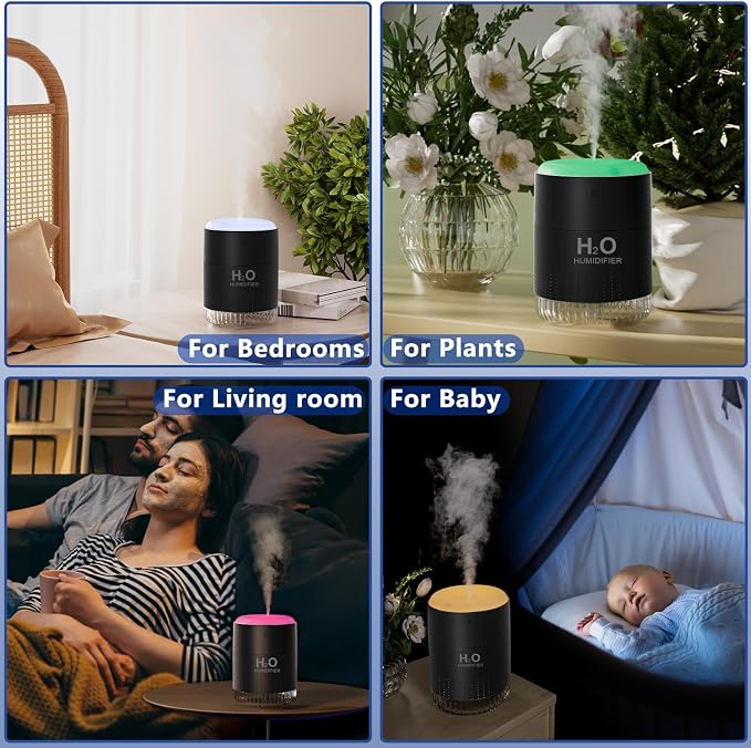 SZO Portable Mini Humidifier, 500ML USB Personal Cool Mist Humidifiers for Bedroom Office Travel Desk, Whisper Quiet 20dB with 2 Mist Modes & Auto Shut-Off, Small Desktop Humidifier（WSQ02 Black）