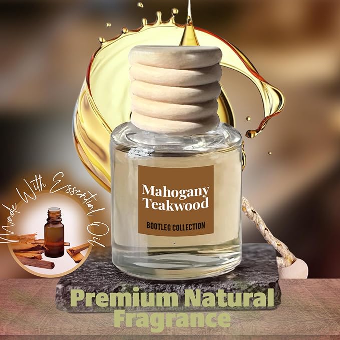 Car Air Freshener Diffuser, Mahogany Teakwood Aromatherapy, Natural Fragrance Oil, Long Lasting, by Bootleg Collection, Made in USA