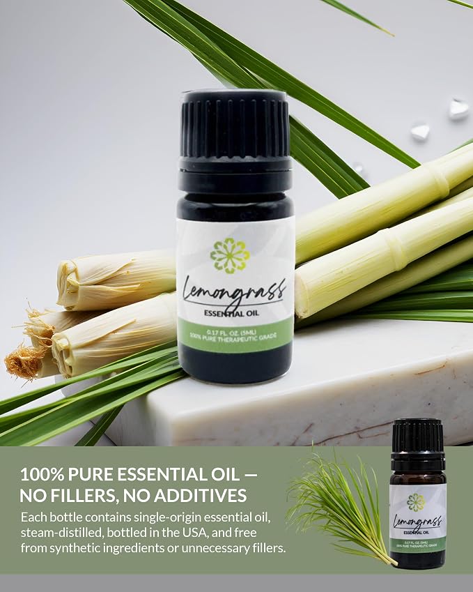 Essence Lemongrass Essential Oil, 5 ml | Aromatherapy Oil for Diffusers & Personal Use | Natural Fragrance for Relaxation, Clarity & Wellness | Made in USA | Fresh & Citrusy Scent