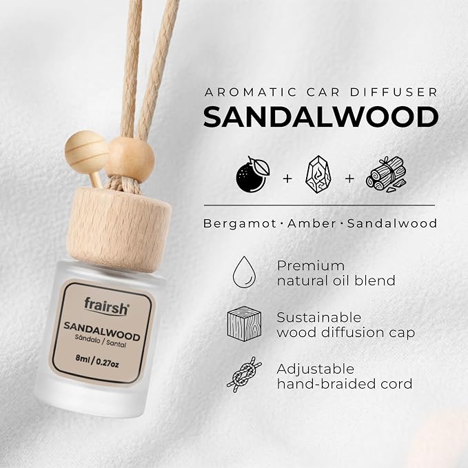Hanging Car Air Freshener 3 Count, 8 ml Each, Sandalwood Scent, Natural Odor Eliminator Essential Oil Diffuser, Gentle Soft Elegant Non-Overpowering Fragrance