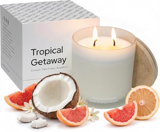 Tropical Getaway Coconut & Grapefruit Scented Candle | 14oz Soy Wax | 50+ Hour Long Lasting Burn | Reusable Glass Candle Jar with Bamboo Lid & Eco Friendly Gift Box |Luxury Scented Candle for Home