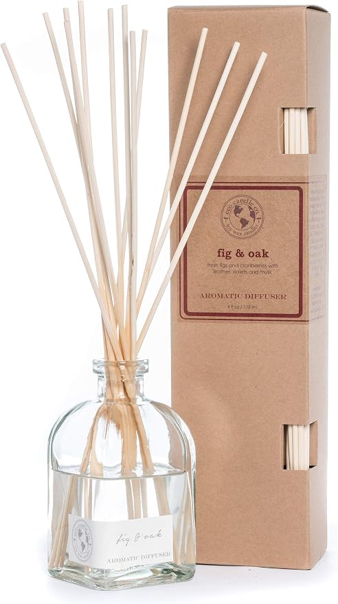 ECO CANDLE CO. Reed Diffuser Set, Fig & Oak, 4 oz. - Scents of Figs, Cranberries, Leather, & Musk - Premium Fragrance and Essential Oil Blends, Clear Glass, 12 Reed Sticks, Recycled Kraft Box