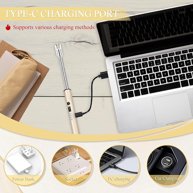 Electric Lighter, Candle Lighter Flameless Windproof with 360° Flexible Neck & LED Power Display, Type C Arc Rechargeable Lighters for BBQ, Camping, Cooking, Gift for Christmas, Thanksgiving, Birthday