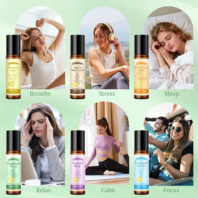 Essential Oil Roll On for Self Care - Aromatherapy Oil Gift for Women Men, Portable Aromatherapy Blend for Relaxation - Self Care Gifts for Women Valentines Birthday Christmas Moms Day -6 x 10ml