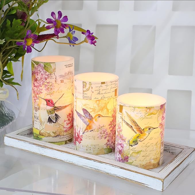 Flameless Candles Pink Hummingbird Floral Battery Operated Remote Timer Flickering LED Real Wax Pillar Candle Warm Light Spring Summer Decor for Home Fireplace Christmas Holiday Gifts