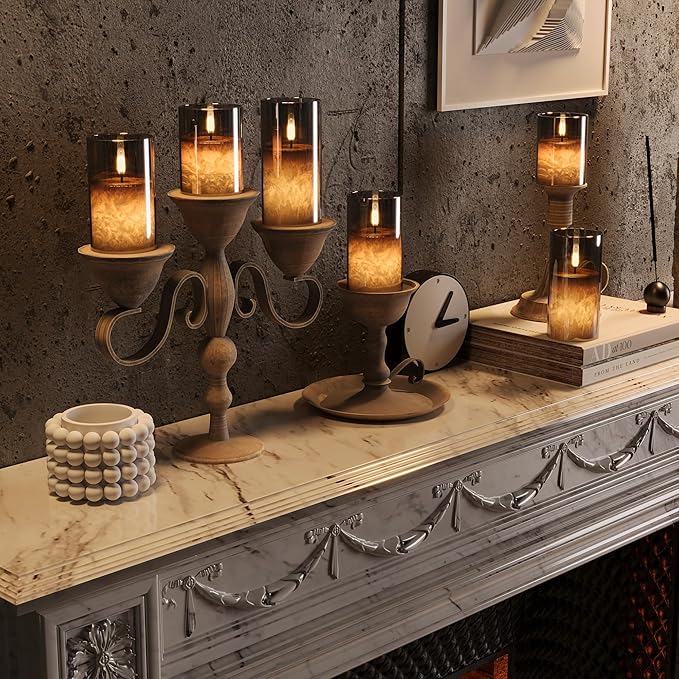 VIODAIM Ice Crystal Real Wax Glass Flameless Candles with Remote & Timer, Battery Operated Candles with Warm Flickering Flame, Realistic LED Candle for Wedding Home Decor [D3×H4/5"/6"] Grey, 3Pack