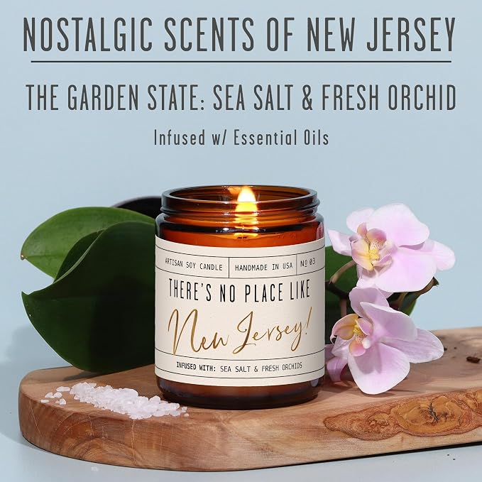 New Jersey Gifts, New Jersey Decor for Home - 'There's No Place Like New Jersey Candle, w/Sea Salt & Fresh Orchids I New Jersey Souvenirs I New Jersey State Gifts I 9oz Jar, 50Hr Burn, USA Made