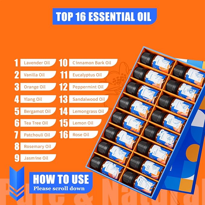 HIQILI Essential Oils Set,Top 16 Aromatherapy Oils for Diffusers for Home,Plant Therapy,Candle Making,Laundry Fragrance,Humidifiers,Skin Care