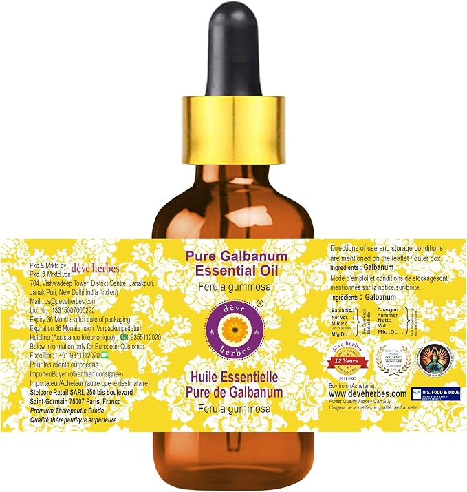 Deve Herbes Pure Galbanum Essential Oil (Ferula gummosa) with Glass Dropper Steam Distilled 50ml (1.69 oz)