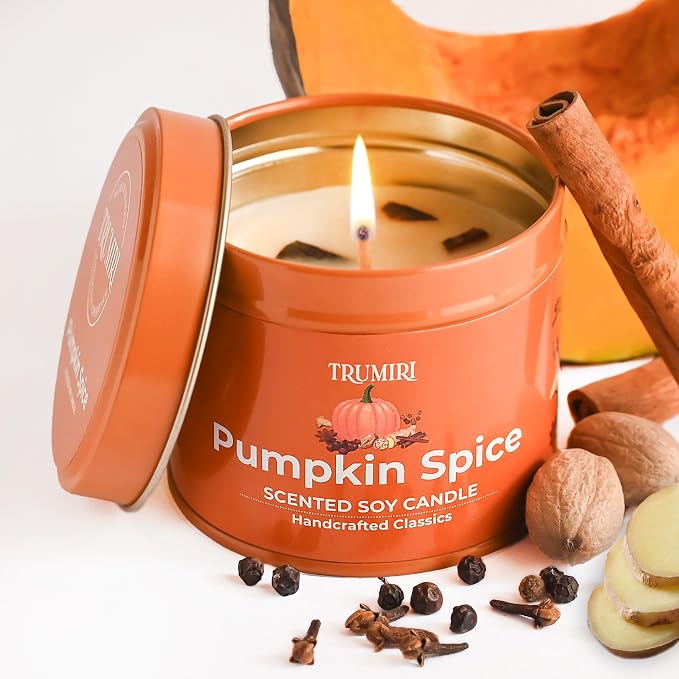 Pumpkin Spice - Cinnamon Soy Candles for Home Scented - for Fall Halloween Thanksgiving Holidays - 5oz Natural Clean Non Toxic Long Lasting Highly Scented Pet Safe Luxury Tin with Essential Oils