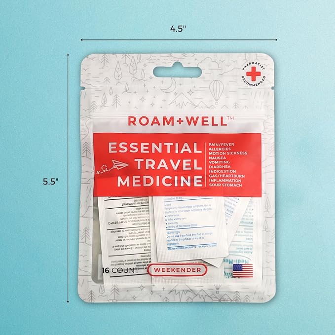 Essential Travel Medicine Kit, OTC Travel Medication, TSA Approved (Weekender | 16 Tablets)