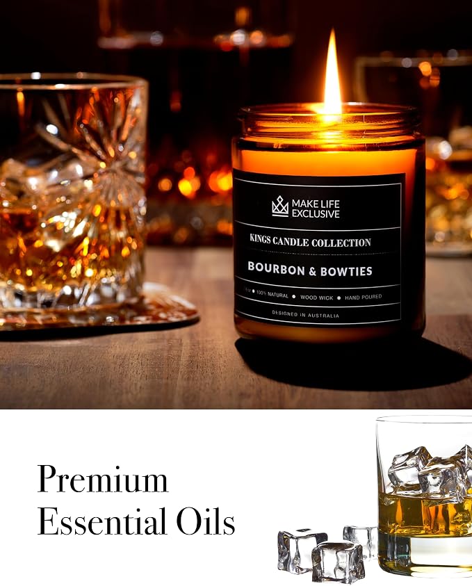 Scented Candles for Men | Bourbon Scented & Bowties | Wooden Wick, Long Lasting, Masculine Scents | Natural Soy Jar Candle for Home, Bacehlor Pad Decor | The Perfect Mens Gift