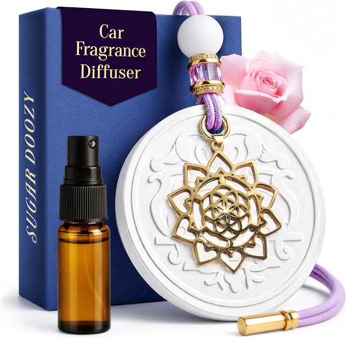 Luxury Car Air Freshener for Women - Refillable & Portable Essential Oil Fragrance Diffuser - Cute Car Accessories & Interior Decor - Mirror Hanging or Vent Clips - Mandala Gold Charm, Rose Scent