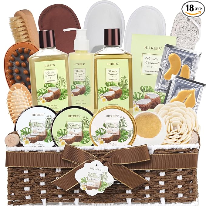 20Pcs Coconut Vanilla Spa Gift Basket for Women & Men, Face Skin Care Set, Bath & Body Set, Self Care Pamper Kit, Comb, Bath Bomb, Birthday, Christmas, Valentines, Mother Day, Anniversary