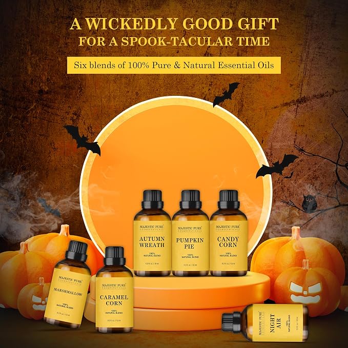 MAJESTIC PURE Essential Oil Blends Gift Set, 100% Pure & Natural Halloween Collection - Autumn Wreath, Pumpkin Pie, Candy Corn, Marshmallow, Night Air, Caramel Corn - 2 Fl oz