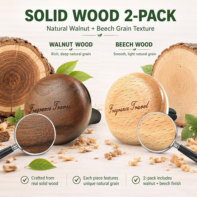2 Pack Wooden Car Air Freshener Vent Diffuser, Walnut & Beech Wood with Zinc Alloy Base, Refillable Essential Oil Vent Clip, 4 Pads (2 Mixed Floral Scented + 2 Unscented), Natural Fragrance.