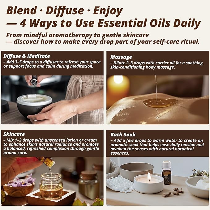 100% Pure Essential Oils 8-Piece Gift Set with Rose, Frankincense and Lavender for Diffuser, Sauna, Meditation, Focus, DIY Skin Care Blends, Soap & Candle Making, 8 x 5 ml
