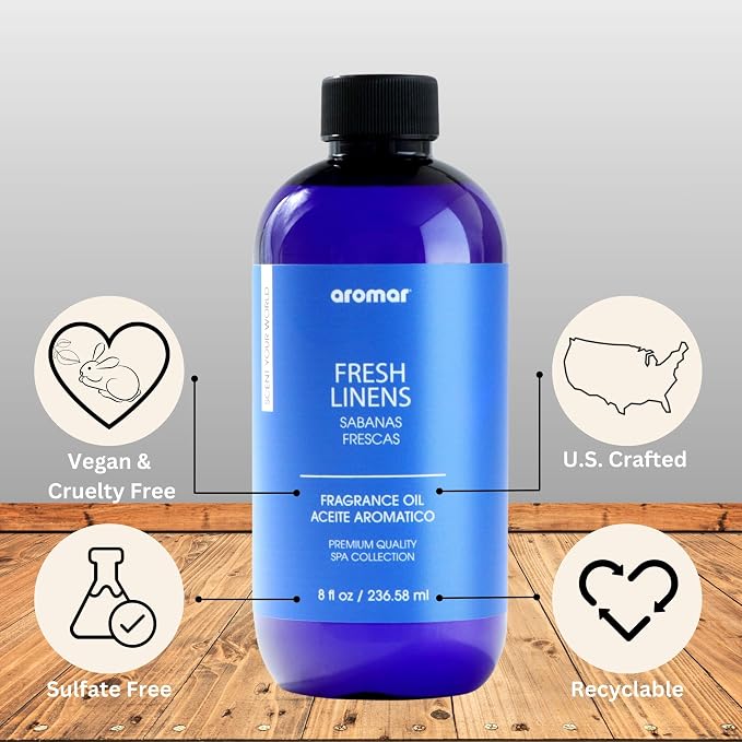 AROMAR Premium Fragrance Oil, Long-Lasting, Refreshing Uplifting Aroma for Aromatherapy, Relaxation & Household Uses. Fresh Linens 8oz