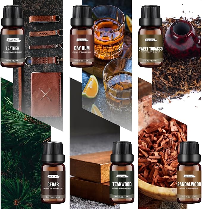 FUHITIM Fragrance Oil Gentlemen's Set, Scented Oil for Candle Scents for Candle Making, Soap Making Scents, Diffuser Oils Scents | Leather, Sweet Tobacco, Teakwood, Bay Rum, Cedar, Sandalwood (6*10ML)
