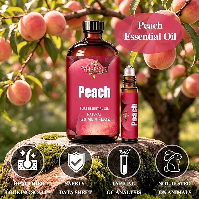Peach Essential Oil, Peach Oil 4 Fl Oz 120ml for Diffuser Yoga Soap & Candle Making – with 0.33 Oz Roller Ball & Dropper YHSESSE Essential Oils