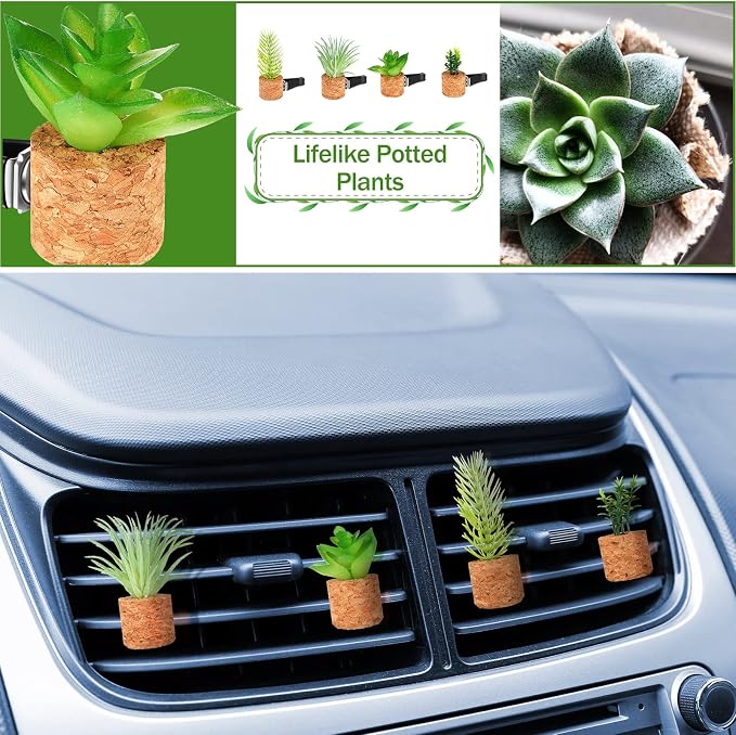 Tallew 4 Pcs Succulent Air Vent Clip Car Accessories Cute Plant Green Decoration Boho Car Accessories Gift Air Freshener for Women Girl Man Father Mini Artificial Plant for Interior Clips Diffuser