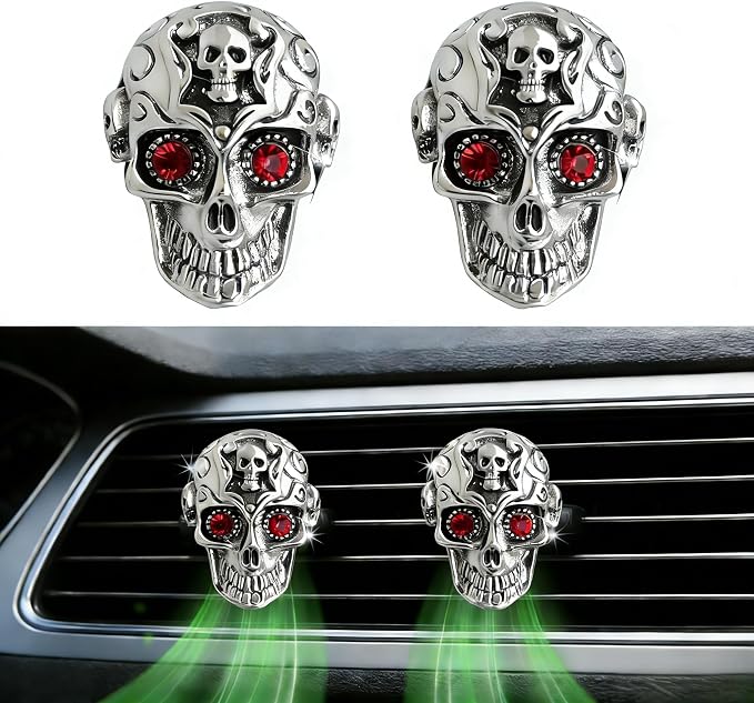 Gothic Skull Car Air Freshener Vent Clips with 2 Pads, Halloween Scented Car Accessories for Men Women, Automotive Interior Decor and Cool Car Fresheners for Men， Spooky Gift Idea-A2