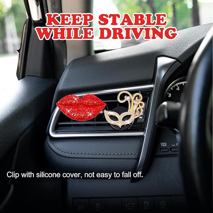Rislobx 4PCS Bling Car Air Freshener Vent Clip, Crystal Diamond Lips Lipstick Carnival Mask Car Diffuser Vent Clip Cute Car Bling Accessories Decoration for women (Red)