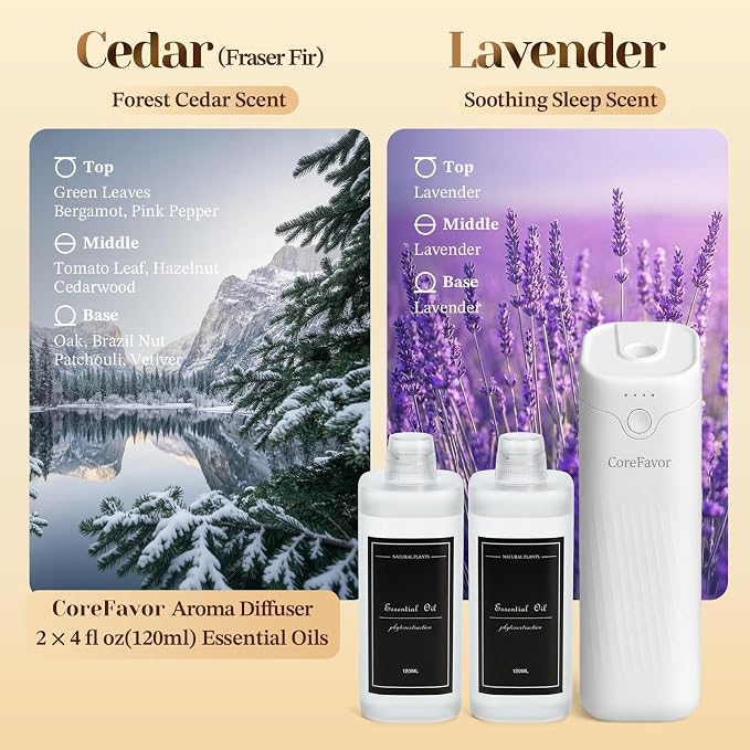 Waterless Essential Oil Diffuser (M60) with 2x120ml Oil, Portable Battery-Operated Cold Air Aroma Scent Machine, 4 Adjustable Intensity Levels, Quiet Diffuser for Bedroom Office Bathroom Car