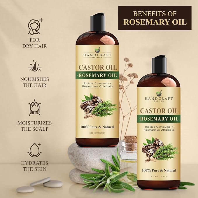 Handcraft Blends Castor Oil with Rosemary Oil 8 Fl Oz | 100% Pure and Natural | Premium Grade Carrier Oil | Hair, Eyelashes and Eyebrows | Hair and Body