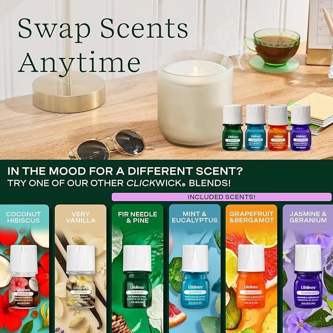 Lifelines Flameless Candle Aromatherapy Essential Oil Diffuser with 4 ClickWick Essential Oil Blends Value Pack - Cordless & Waterless Diffuser for Home - Scented Electric Candles Blow Out Flame