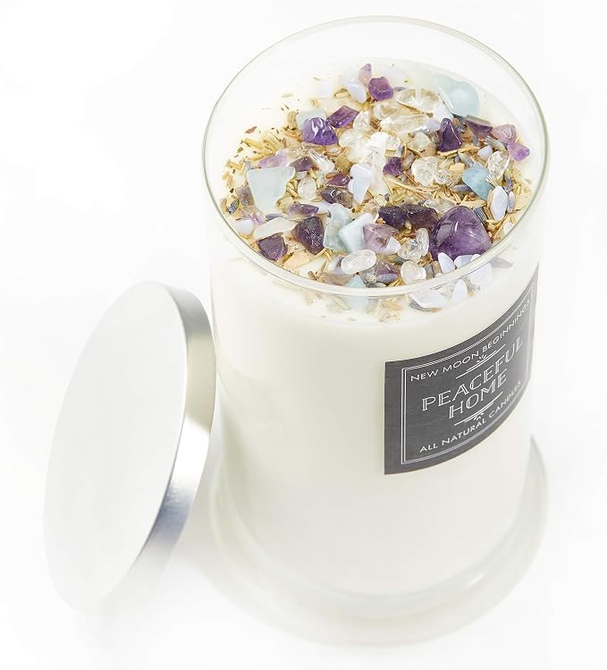 Peaceful Home® Candle by New Moon Beginnings - Stress Relief Candle - Energy clearing - All Natural Essential Oil Soy Candle - Crystal Candles (Peaceful Home, 21oz Glass Jar)