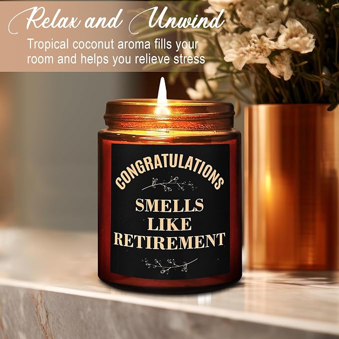 Retirement Gifts - Funny Retiring Candles - Best 2026 Retired Gifts for Men, Friends, Coworker, Teacher - Spa Relaxing Candles for Women Stress Relief - Tropical Coconut Summer Soy Candle