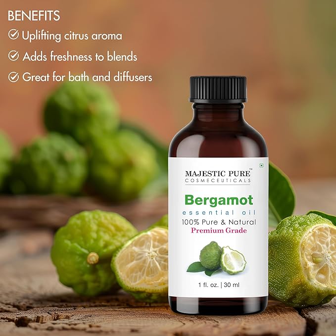 Majestic Pure Essential Oil with Glass Dropper - 100% Pure and Natural - Essential Oils for Diffuser, Aromatherapy, Soap and Candle Making, Bergamot Essential Oil, Bgamot Oil, 1 Fl Oz