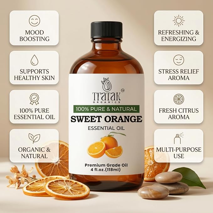 100% Pure Sweet Orange Essential Oil 4 FL OZ – Essential Oil for Citrus Scent, Aromatherapy, Diffuser, Skin, Home Freshener, Therapeutic Grade, Premium Quality with Glass Dropper